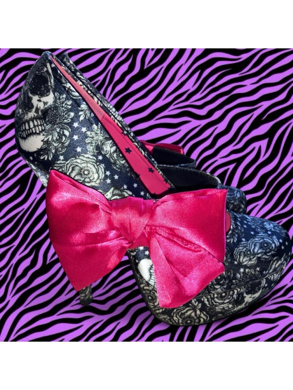 Iron Fist satin Navy & white floral and skull patterned platform heels
